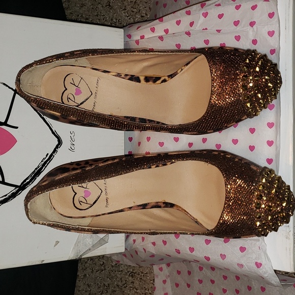 P♡K leopard print & gold spikes super high heels pumps Faris Brzmet sz 7.5 - Picture 5 of 16